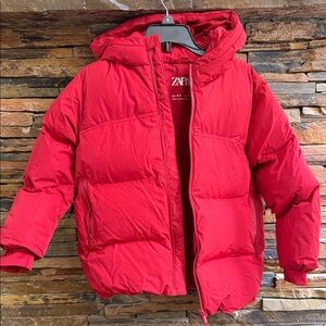 Zara Vibrant Red Hooded Puffer Jacket